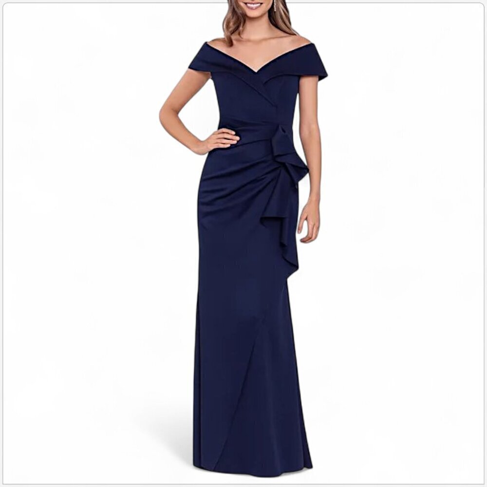 Xscape Midnight Patti Long Off the Shoulder Scuba Crepe Dress Maxi Gown New 6